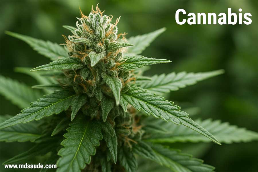 Flor da planta Cannabis sativa, principal fonte dos canabinoides THC e CBD.