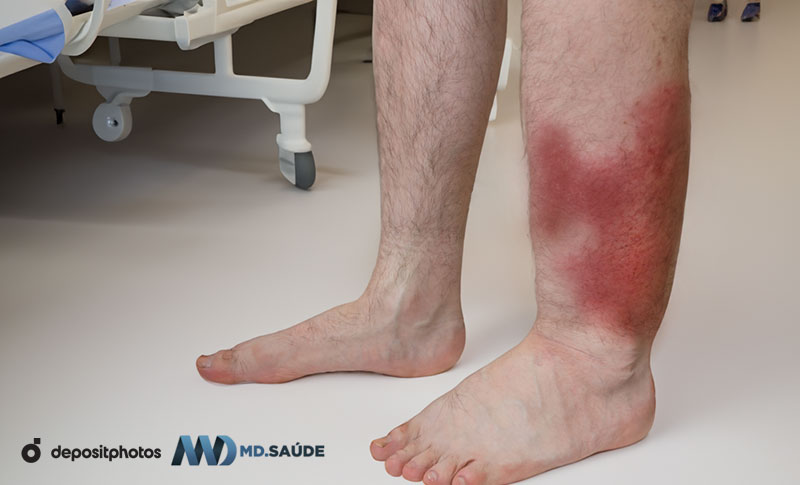 Erisipela del miembro inferior izquierdo con edema, enrojecimiento intenso y bordes bien definidos.