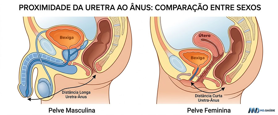 Proximidade da uretra ao ânus em homens e mulheres explica a maior incidência de infecção urinária no sexo feminino.