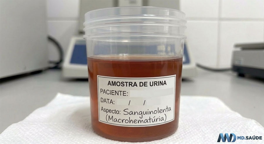 Exame de urina com hematúria macroscópica